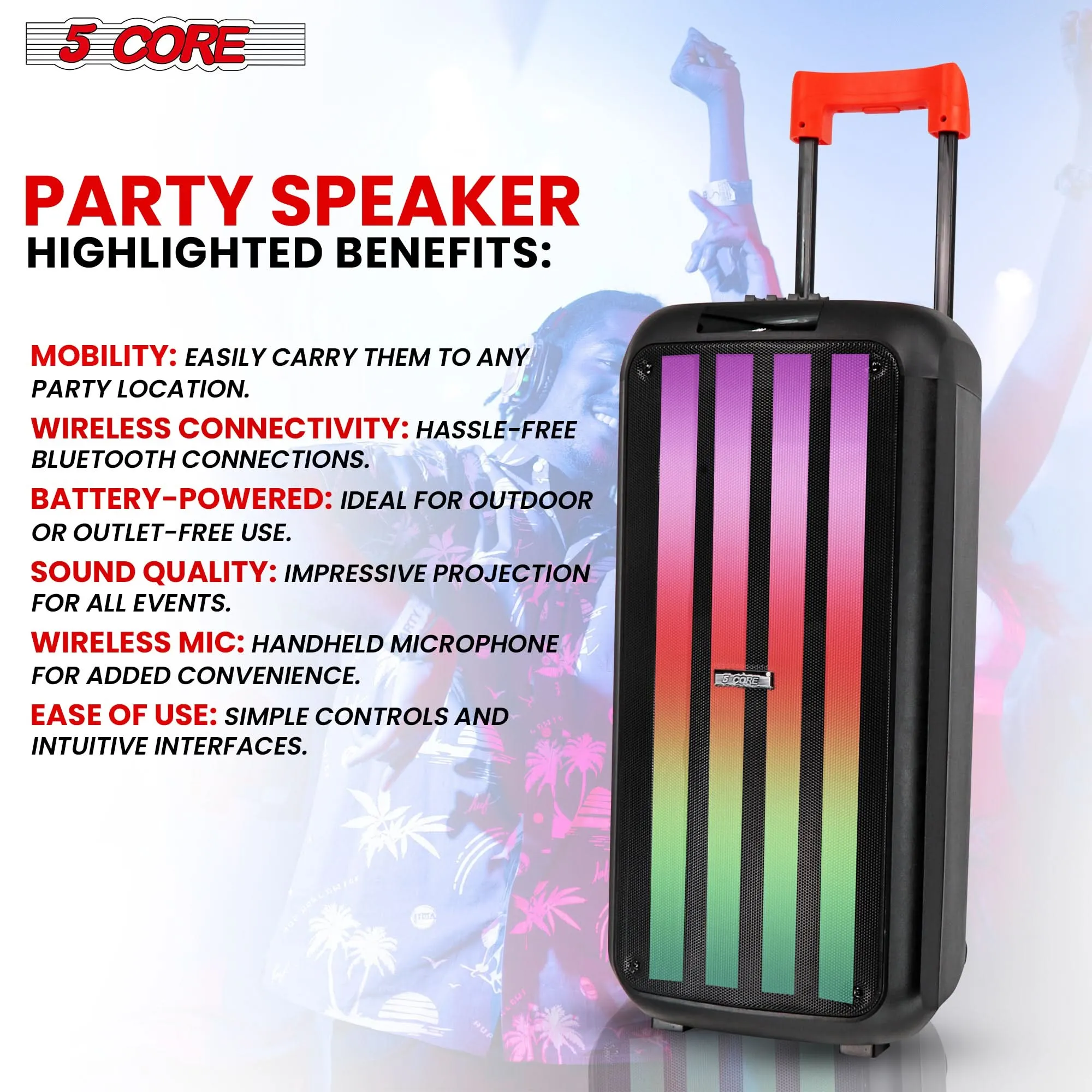 5Core Bluetooth Party Speaker 10 inch PA RGB Partybox Karaoke Machine   2 Wireless Mic