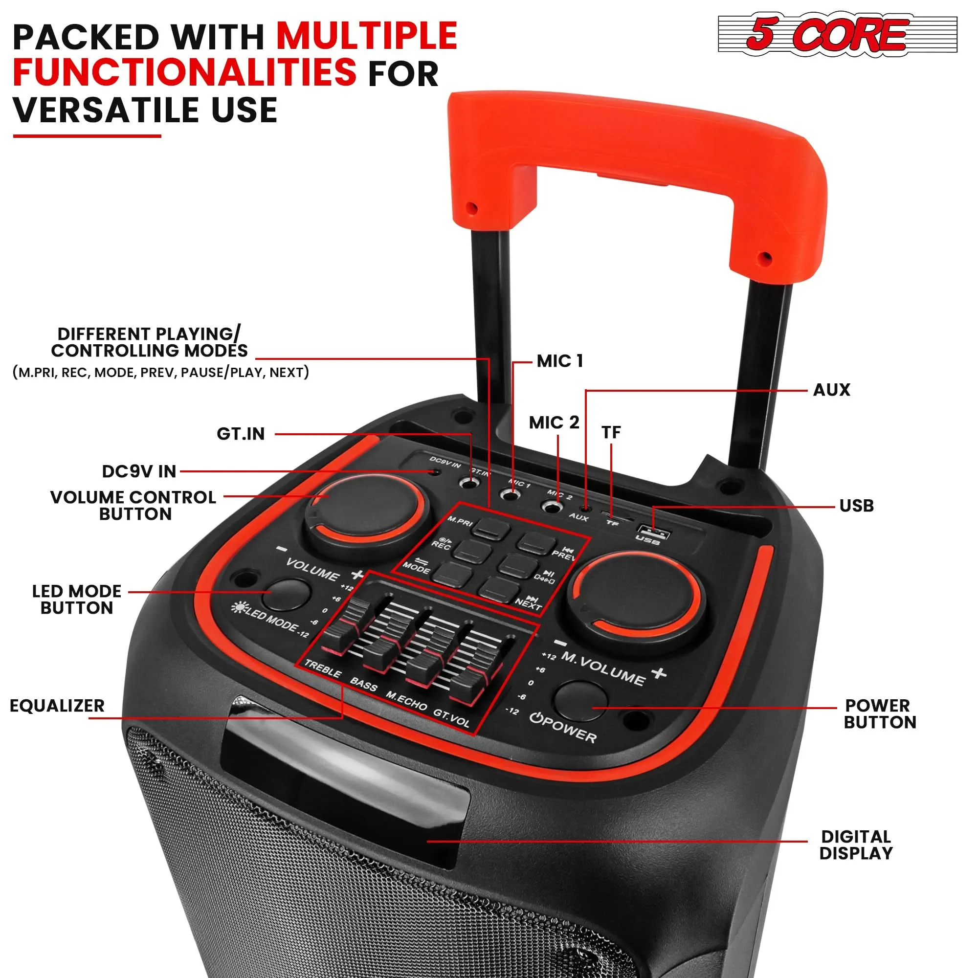 5Core Bluetooth Party Speaker 10 inch PA RGB Partybox Karaoke Machine   2 Wireless Mic