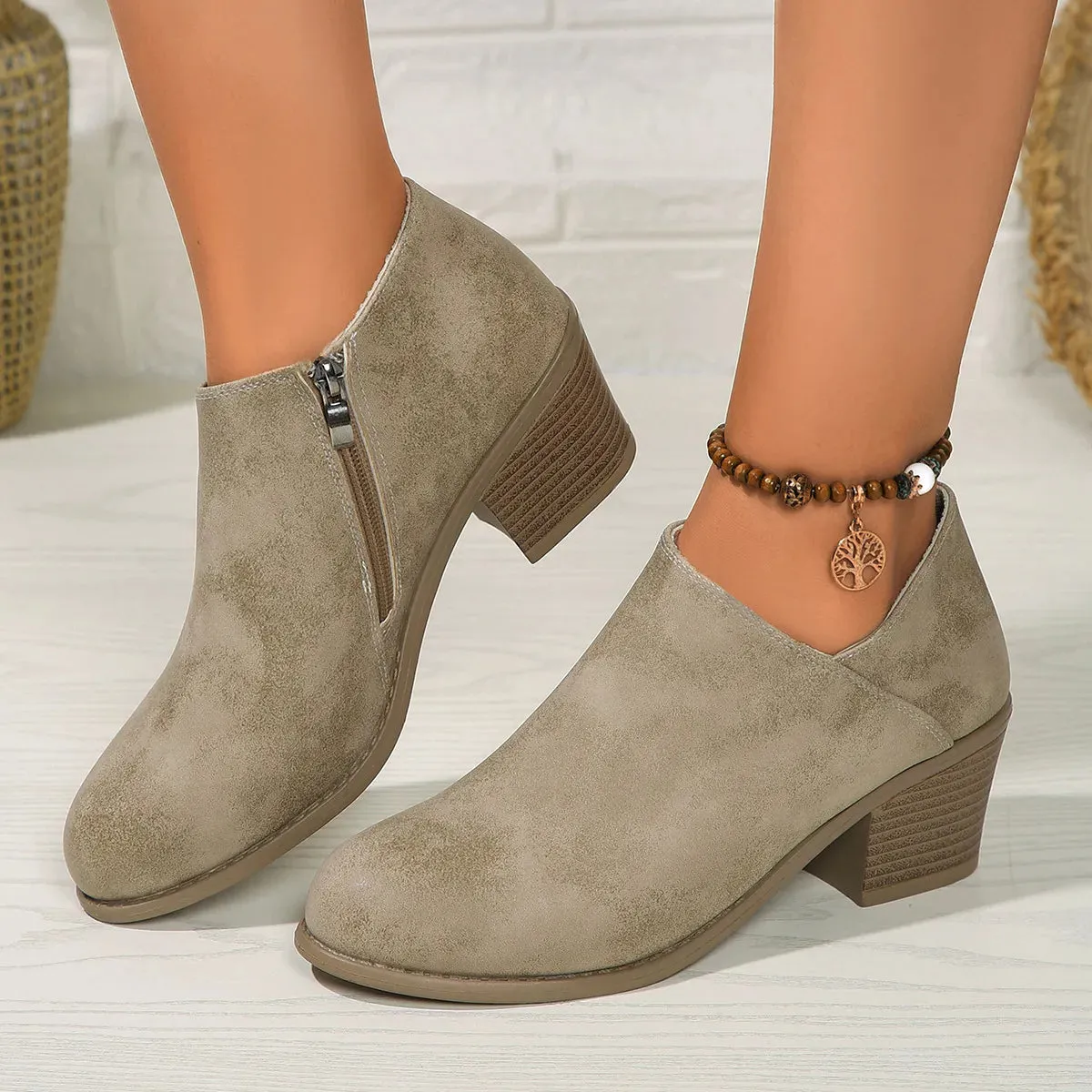 Chunky Heel Round Toe Ankle Boots With Side Zipper Design Fashion Fall Winter Short Boots For Women Shoes