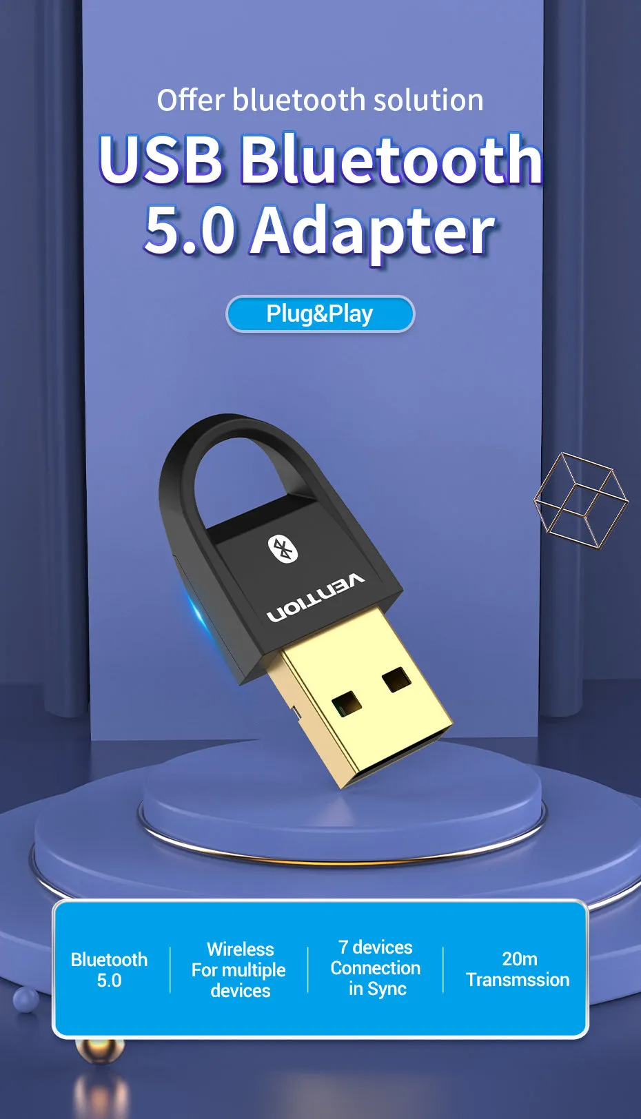 [CLEARANCE] Vention USB Bluetooth 5.0 Adapter 20m Transmission Distance Windows 7,8,10