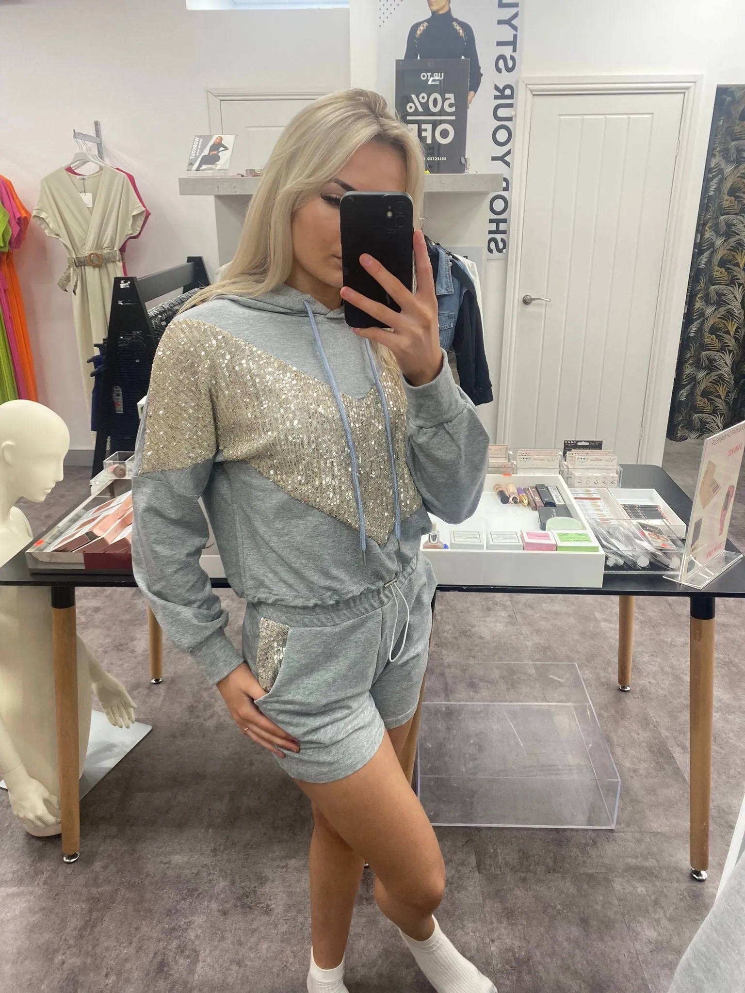 HALLIE GREY SEQUIN PATTERNED HODDIE TOP & SHORT CO-ORD