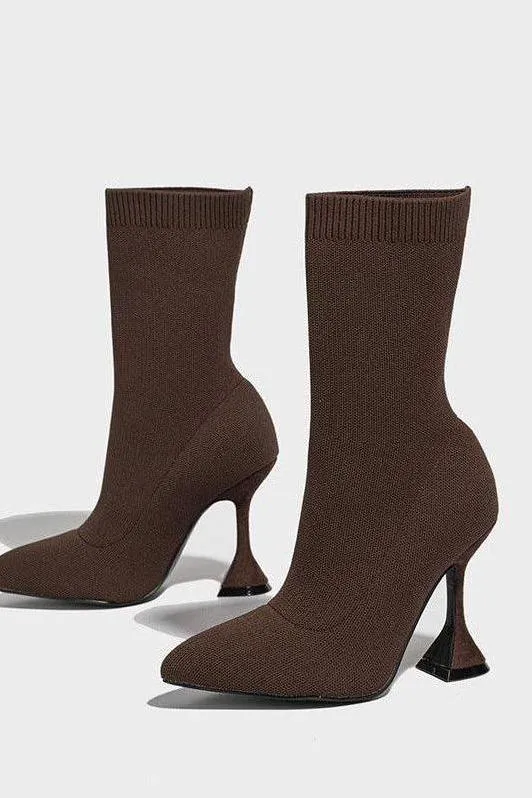 knitted pointed toe mid-tube ankle boots