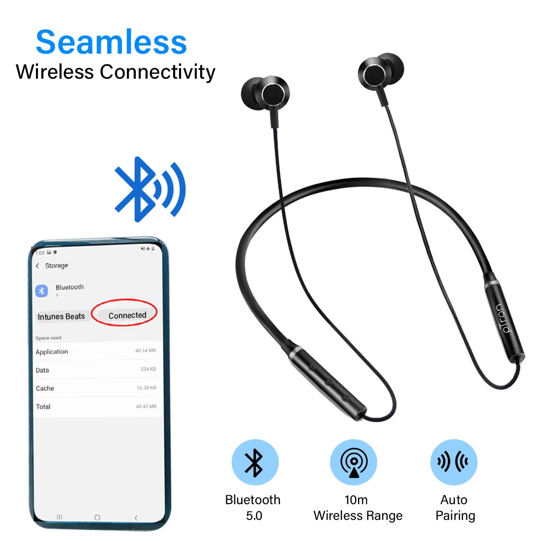 pTron InTunes Beats In-Ear Magnetic Stereo Wireless Neckband with Mic - (Black)