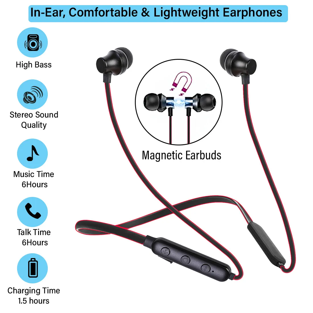 pTron InTunes Lite High Bass In-Ear Wireless Headphones With Mic - (Black/Red)