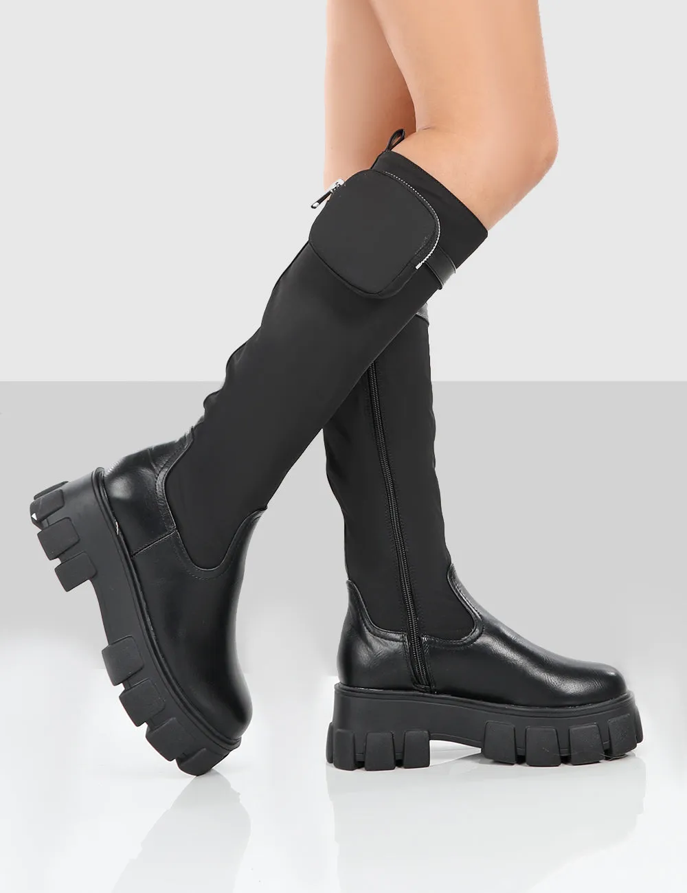 Showing Up Black PU Chunky Sole Pocket Detail Knee High Boots