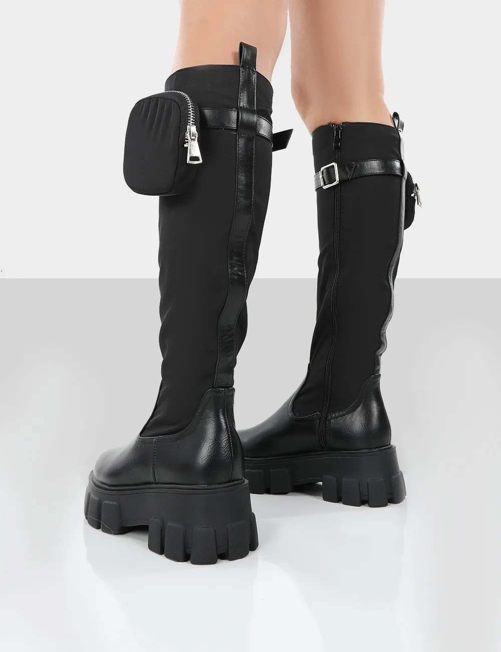 Showing Up Black PU Chunky Sole Pocket Detail Knee High Boots