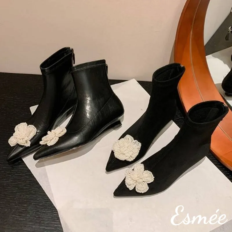 Suede Ankle Boots with Mini Pearl Flower Design