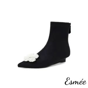 Suede Ankle Boots with Mini Pearl Flower Design