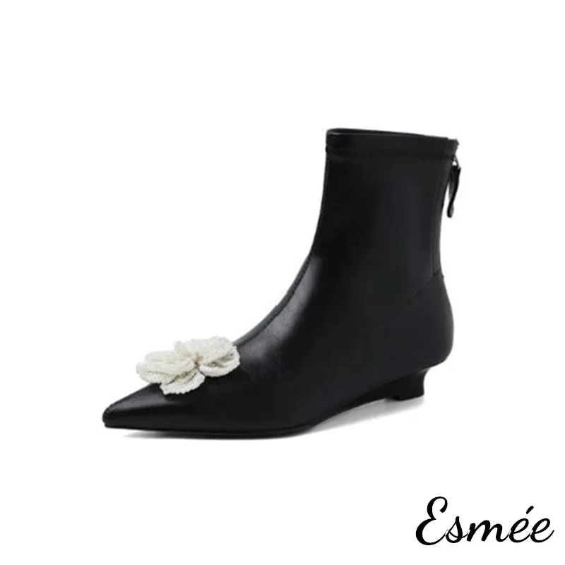 Suede Ankle Boots with Mini Pearl Flower Design