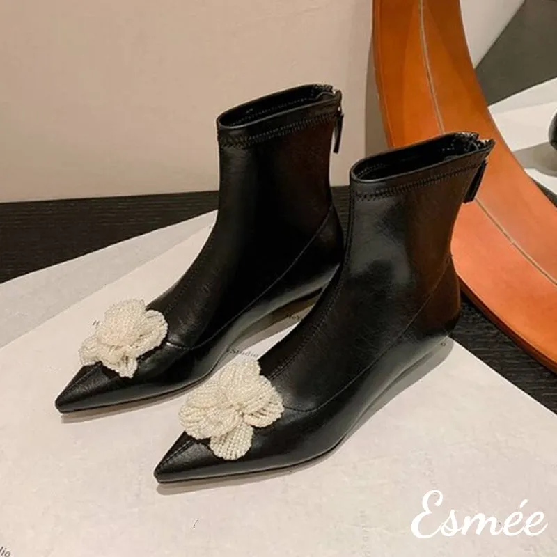 Suede Ankle Boots with Mini Pearl Flower Design