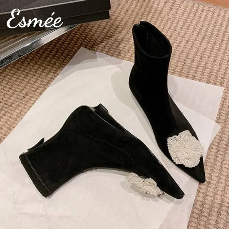 Suede Ankle Boots with Mini Pearl Flower Design