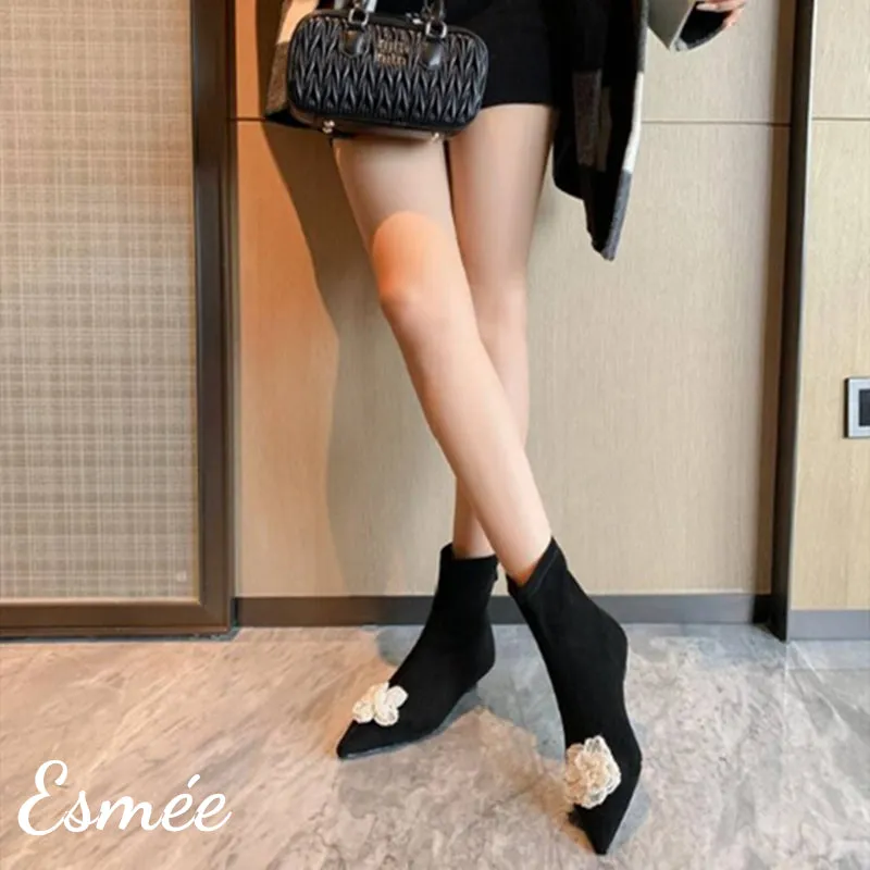 Suede Ankle Boots with Mini Pearl Flower Design
