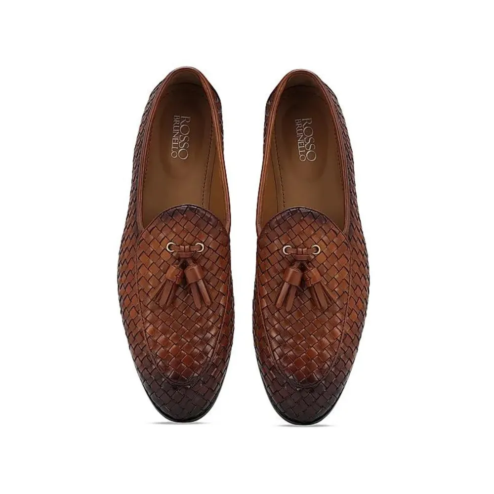 Tan Woven Leather Loafers With Tassels