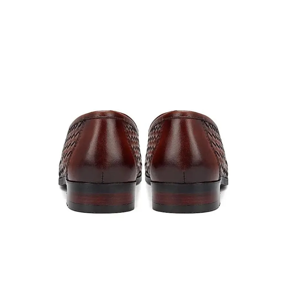 Tan Woven Leather Loafers With Tassels
