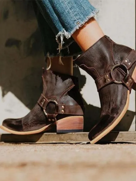 Women Pu Booties Casual Zipper Low Heel Ankle Boots