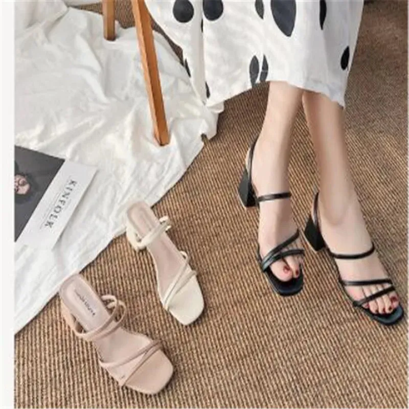 Women Sandals Ladies Square Heels Elegant Summer Slippers Outside Cross Tied Leather Female Slides Fashion Woman Sandals
