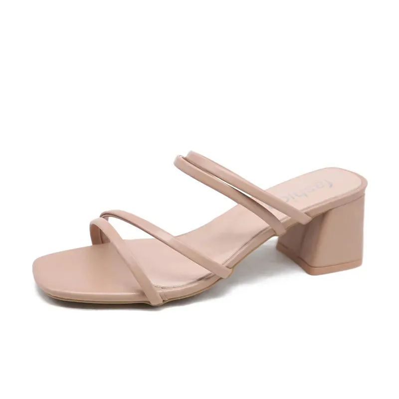 Women Sandals Ladies Square Heels Elegant Summer Slippers Outside Cross Tied Leather Female Slides Fashion Woman Sandals